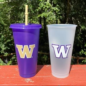 UW Starbucks travel cup set purple/clear/tan 2 cups, 1 interchangeable lid/straw